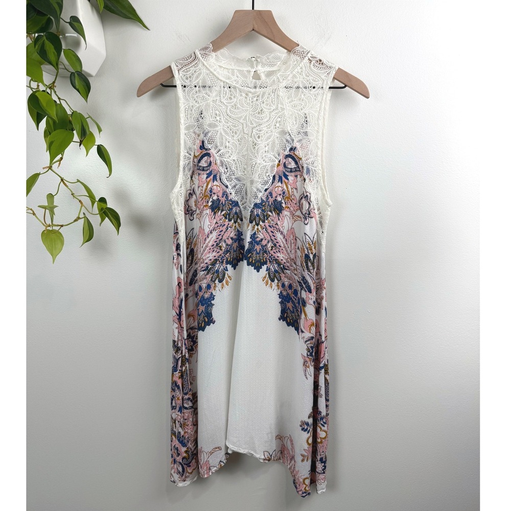 Intimately Free People Paisley Floral Lace Yoke Sharkbite Hem Tunic Dress S Boho